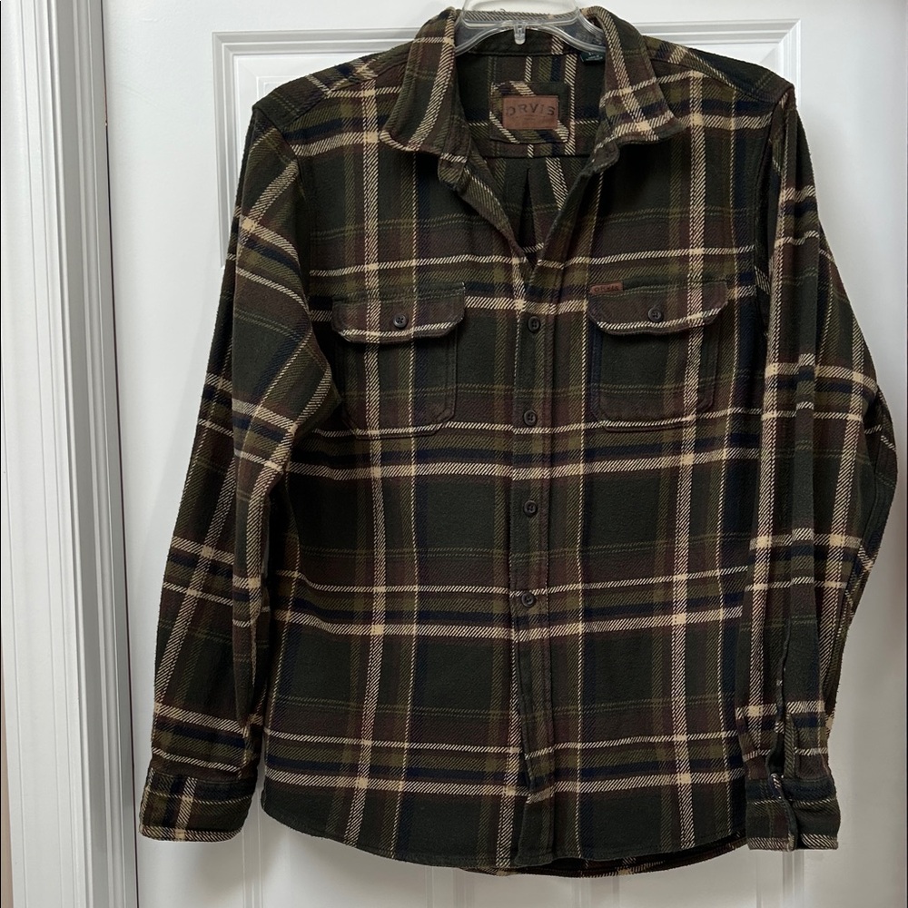 ORVIS Men's Green Plaid Heavyweight Flannel Shirt with pockets Size L
